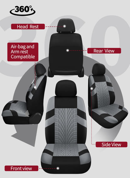 VarCozy Juego Completo de Fundas de Asiento para Automóvil, Banco Delantero y Trasero, Tela Universal, Compatible con Airbag, Negro y Gris (VC-01-B1)