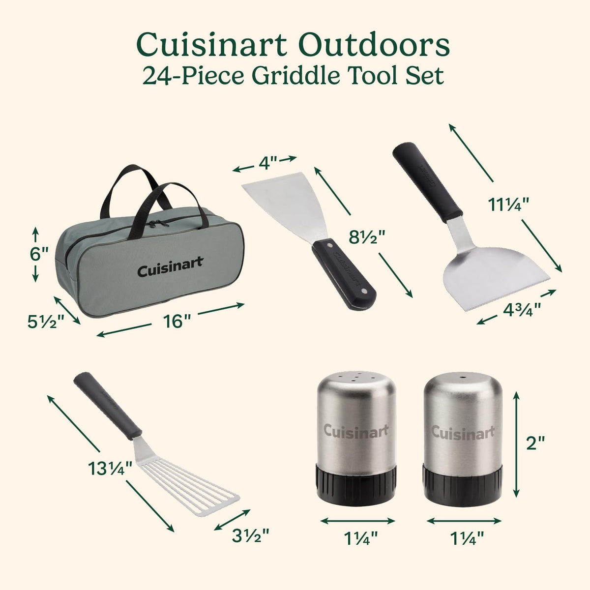 Cuisinart - Juego de Herramientas para Plancha de 24 Piezas con Bolsa de Almacenamiento, Accesorios de Plancha Plana de Acero Inoxidable con espátulas, cúpula derretidora, Prensa para Hamburguesas