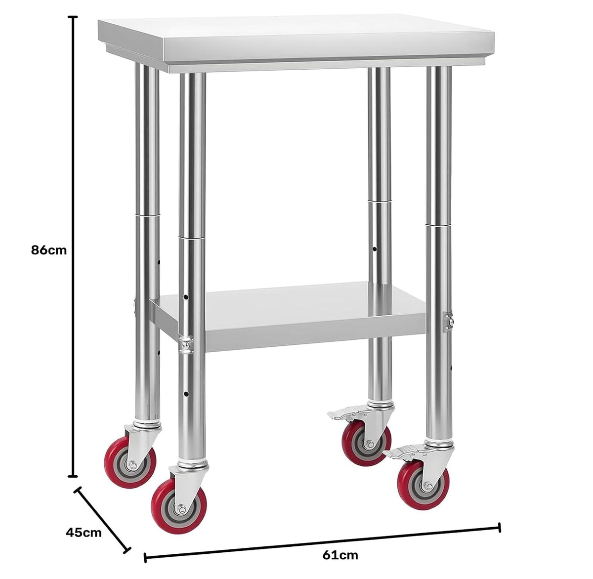 VEVOR Mesa de Trabajo de Acero Inoxidable, Mesa de Preparación con 4 Ruedas, Estantería de Trabajo de Preparación de Alimentos con Estantes Ajustables para Cocina, Garaje, Taller, 61 x 45 x 86 cm