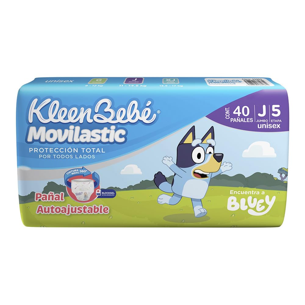 KleenBebé Movilastic Bluey Pañal Desechable para bebé, Talla Jumbo Unisex, Paquete con 40 Piezas, Ideal para Bebés de 11 a 14 kg