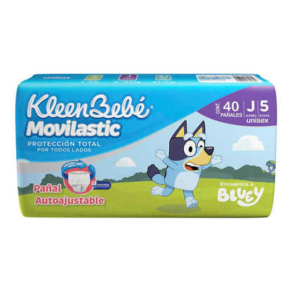 KleenBebé Movilastic Bluey Pañal Desechable para bebé, Talla Jumbo Unisex, Paquete con 40 Piezas, Ideal para Bebés de 11 a 14 kg