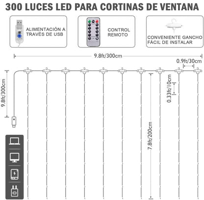DOSYU Cortina de Luces LED Calido Blanco 3Mx3M 300LEDs, 8 Modos de lluminación, Lámparas Decorativas Impermeables para Interior y Exterior con Gancho, Luz Cadena para Navidad, Fiestas, Jardín, Boda
