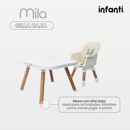 INFANTI | Silla para Bebe Alta 3 en 1 MILA | Convertible para Bebes de 6 Meses a 25 kg | Arnés de 5 Puntos y Charola Ajustable - Fácil de Limpiar y Ligera | Color Beige