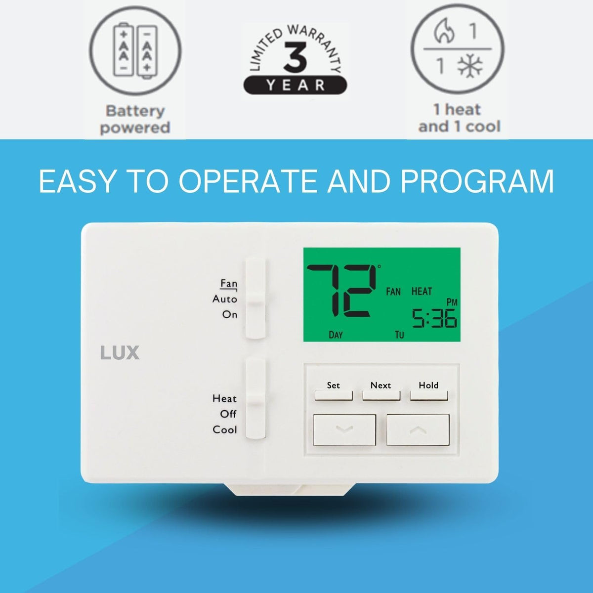 Lux LTX100E Termostato programable de 7 días; 1 Calor, 1 frío