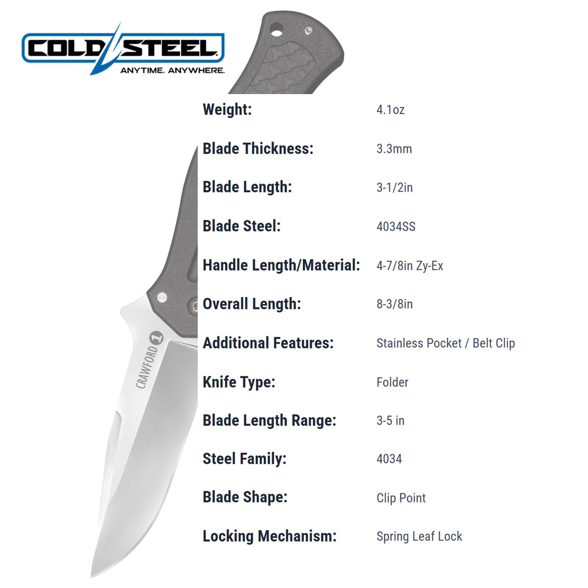 Cold Steel Crawford Modelo 1 3.5 pulgadas 4034SS - Cuchillo plegable táctico con mango Zy-Ex, de 4.9 pulgadas, color negro, en caja