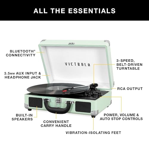 Victrola Journey - Tocadiscos de Maleta Bluetooth - Blanco Altavoces estéreo Integrados, Tocadiscos de 3 velocidades Reproduce Discos de 7", 10" y 12", transmisión Bluetooth, Salida para Auriculares