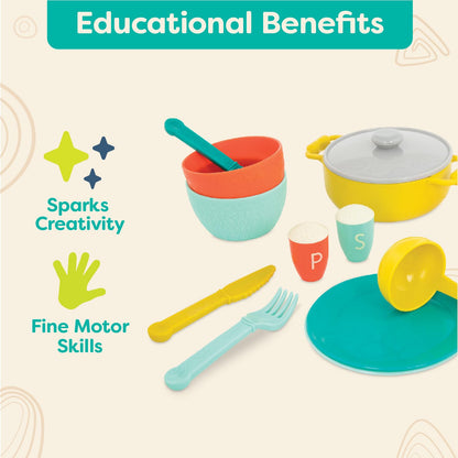 B. toys Mini Chef, Accesorios de Cocina y vajilla de Juguete | Set de juego de 33 piezas con olla, sartén, colador, utensilios, platos, cuencos, vasos y cubiertos para 4, 3 años y +