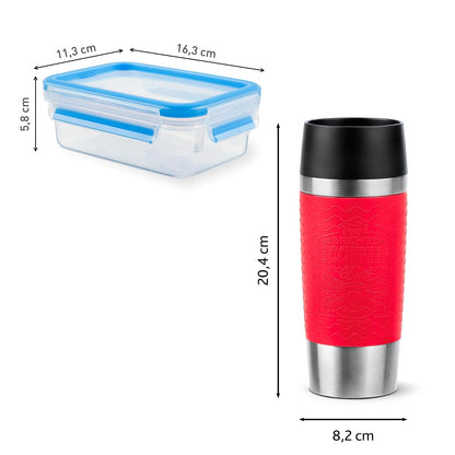 T-fal Combo Regreso a Clases con 4 Contenedores de alimento de 55 ml, Termo con Exterior de silicona color Rojo de 350 ml y Estuche de 12 plumones mágicos de regalo K3021112M
