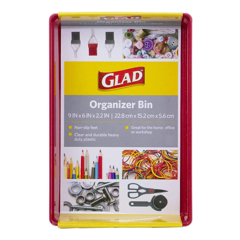 Glad - Bandeja de almacenamiento de plástico para cajones, organizador resistente para el hogar, cocina, baño, recámara, oficina, pies antideslizantes, rojo, 9 x 6 pulgadas
