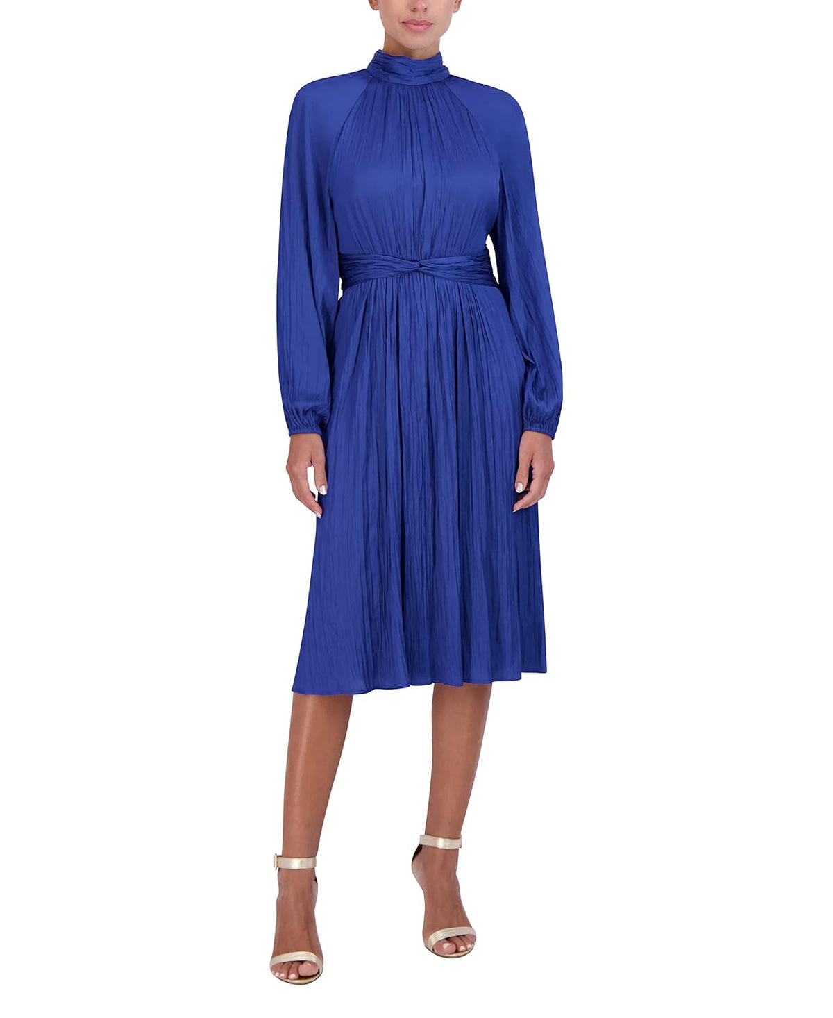 BCBGMAXAZRIA Vestido Midi Ajustado y Acampanado, Manga raglán Larga, Cuello Alto Falso, Nudo Torcido, Espalda Fruncida Vestido para Mujer