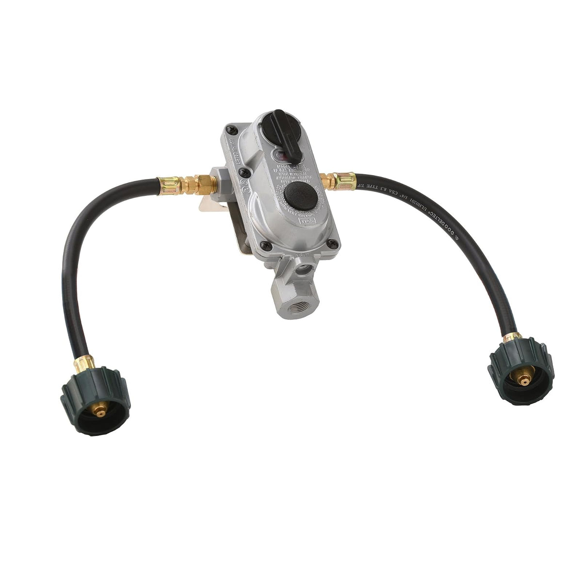 Flame King (KT12ACR-2a) Regulador de gas propano LP de cambio automático de 2 etapas con dos coletas de 12 pulgadas para caravanas, furgonetas, remolques