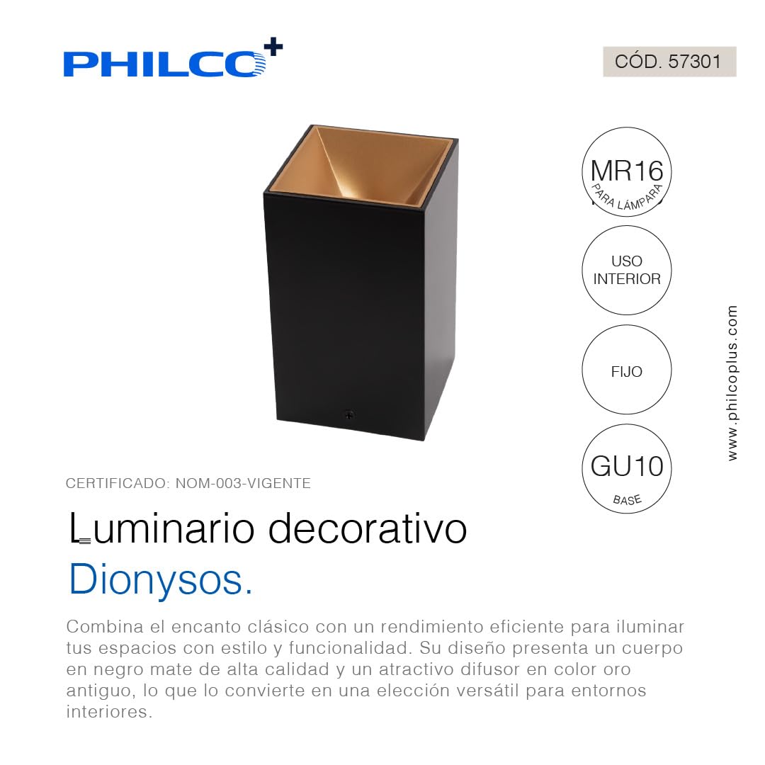Philco Luminario decorativo Dionysos. Terminado en color negro mate y oro antiguo, base GU10, fácil instalación, uso en interiores, difusor resistente