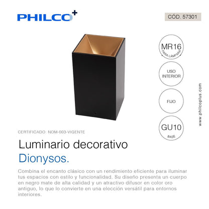 Philco Luminario decorativo Dionysos. Terminado en color negro mate y oro antiguo, base GU10, fácil instalación, uso en interiores, difusor resistente