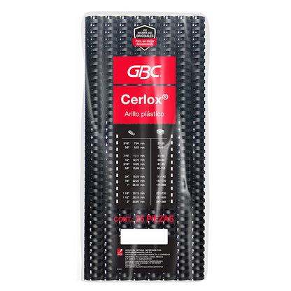 GBC Arillo plastico CERLOX 38 aros, Color negro, Bolsa con 25 de 1". M080610
