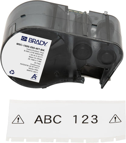Brady Authentic (M5C-1500-595-WT-BK) Etiquetas de vinilo para todo tipo de clima, 1.5 pulgadas de ancho x 25 pies, negro sobre blanco. Para uso con impresoras de etiquetas BMP51, M510 y M511.