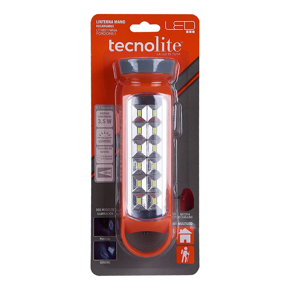Tecnolite Lámpara LED Recargable Portátil, Linterna LED, 4 Horas de Uso, 100 m. de Distancia, 3.5 W, 100 - 240 V, 100 Lumens, Luz de Día 6 500 k, IP 20, Color: Naranja.