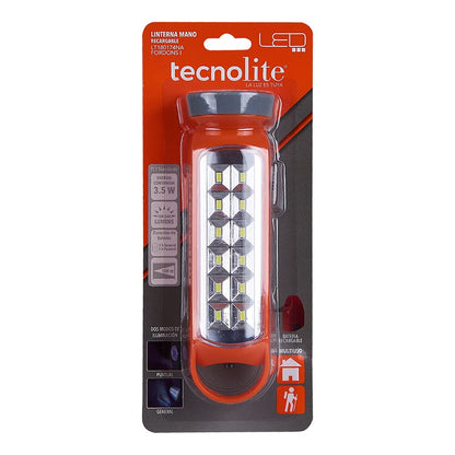 Tecnolite Lámpara LED Recargable Portátil, Linterna LED, 4 Horas de Uso, 100 m. de Distancia, 3.5 W, 100 - 240 V, 100 Lumens, Luz de Día 6 500 k, IP 20, Color: Naranja.