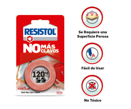 Resistol No Más Clavos Cinta de Montaje, cinta adhesiva doble cara, adhesivo fuerte, pegamento para espejos,1x120kg + 3M Scotch-Brite 3M Fibra Esponja, Tamaño Grande