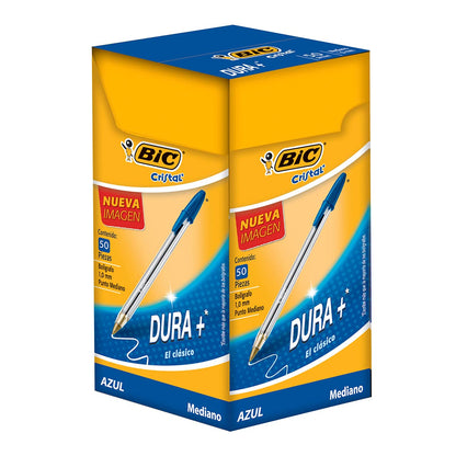 BIC Bolígrafo Cristal Dura + Punto Mediano 1.00 mm Cuerpo Hexagonal Tapa Ventilada para Evitar Asfixia Color Azul 50 Piezas