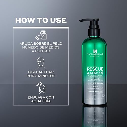 MARTHA DEBAYLE Acondicionador RESCUE & RESTORE. Brillo hidratado para cabello áspero y maltratado. Con ceramidas y Sacha Inchi Peruano. Sin parabenos y ftalatos.