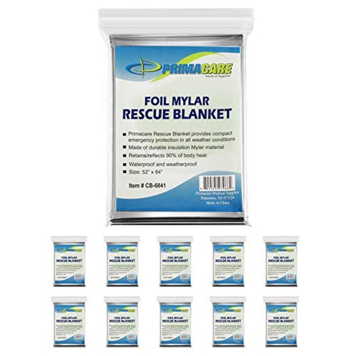 Primacare HB-10 Manta térmica de emergencia de Mylar (paquete de 10), 52 pulgadas de largo x 84 pulgadas de ancho