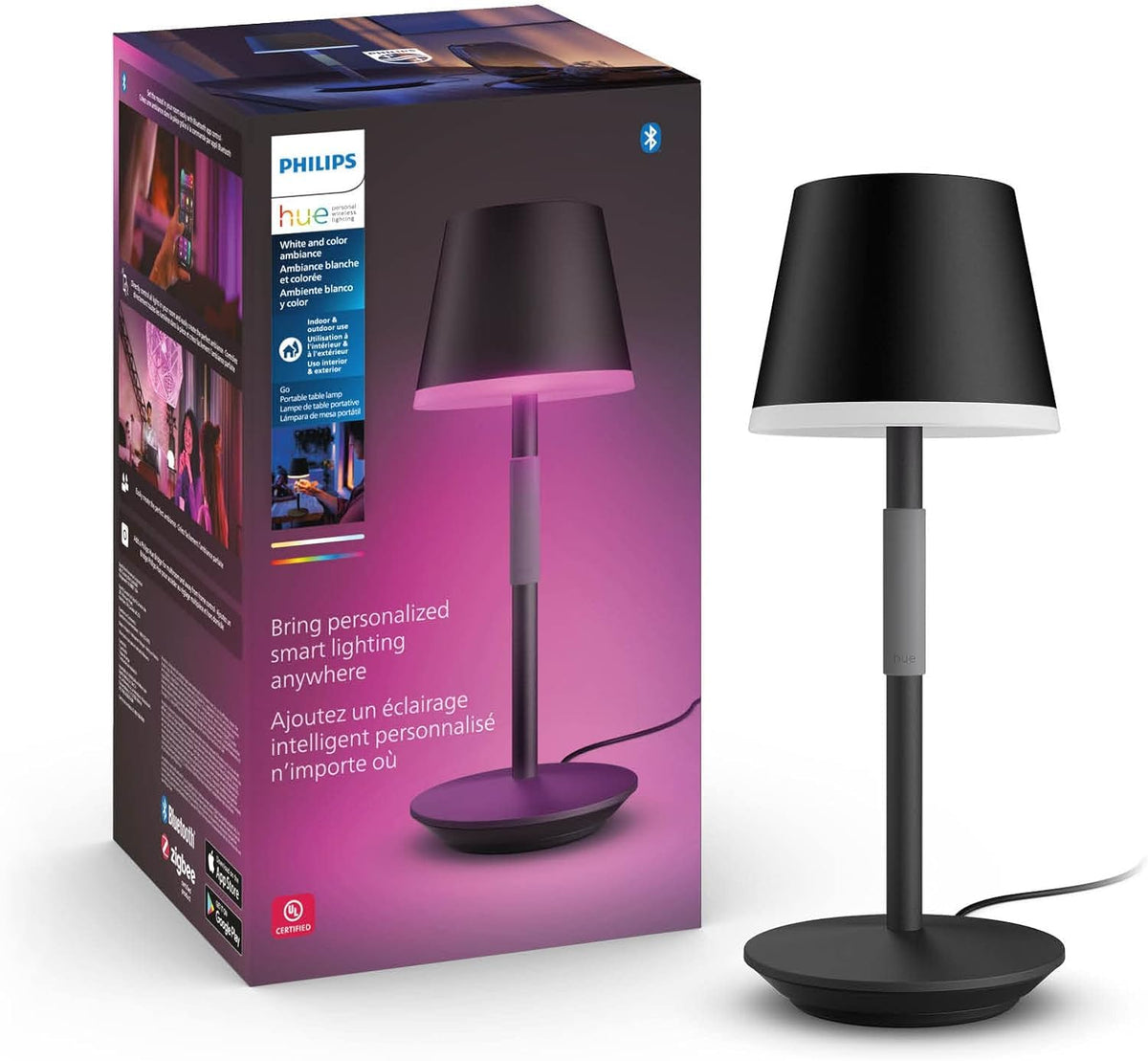Philips Hue Lámpara Inteligente Portable de mesa luz multicolor adpta para cualquier espacio de tu hogar y compatible con Alexa