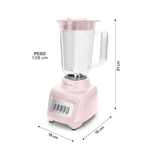 TAURUS HALEY RIBBON | Licuadora 500W* de 4 Velocidades | Vaso de plástico 1.65L* | Sistema Easy Fit Seguro y Duradero | Cuchillas desmontables | Potencia y Control para Preparar Smoothies, Salsas...