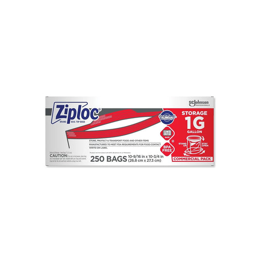 SC Johnson Professional ZIPLOC Bolsas de almacenamiento para organización y almacenamiento de alimentos, doble cremallera, galón, 250 unidades