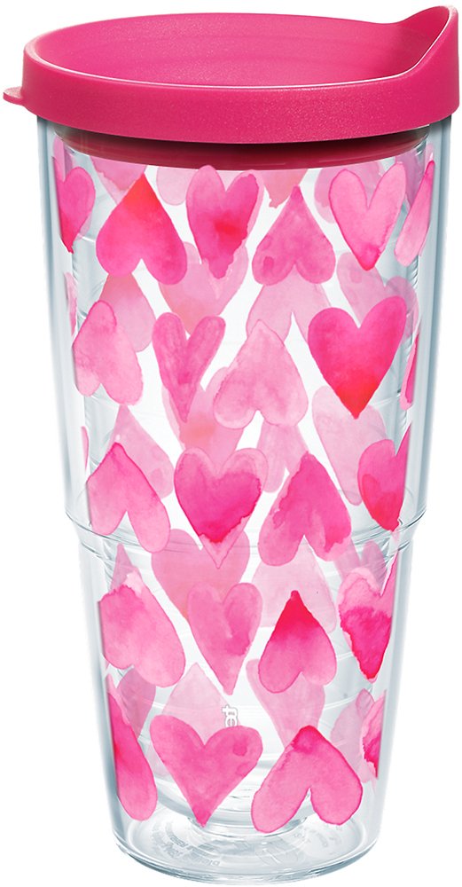 Tervis Pink Hearts All Over - Vaso aislado con envoltura y tapa fucsia, 24 oz, transparente