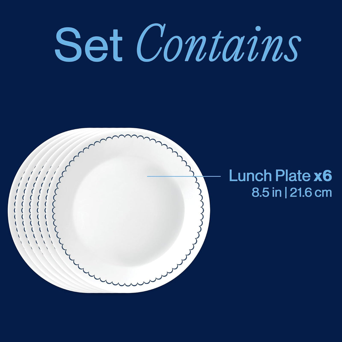 Corelle 6-Piece 8.5" Lunch Round Plates, Vitrelle Triple Layer Glass, Lightweight Round Plates, Salad Plates, Chip and Scratch Resistant, Microwave and Dishwasher Safe, Caspian, Medium, Portofino