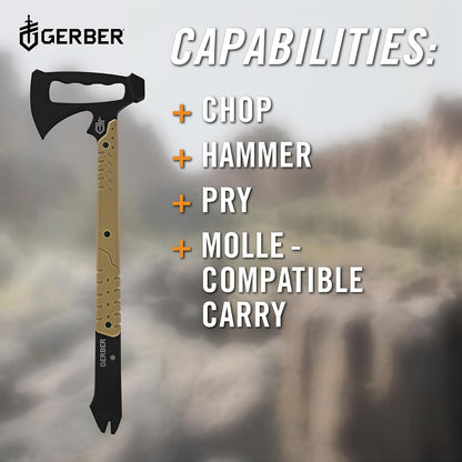 Gerber Gear 30-000715N Tomahawk táctico de Rango descendente, Hacha de Cabeza de Martillo Multiherramienta y Barra Prybar, Funda incluida, café/Negro