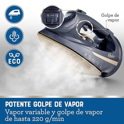Oster® Plancha de Vapor Inalámbrica 2 en 1, Suela de Cerámica, Apagado Automático, Golpe de Vapor, Anti-Cal, Autolimpieza, Antigoteo, Vapor Vertical, 2200W, Azul, GCSTCC5000