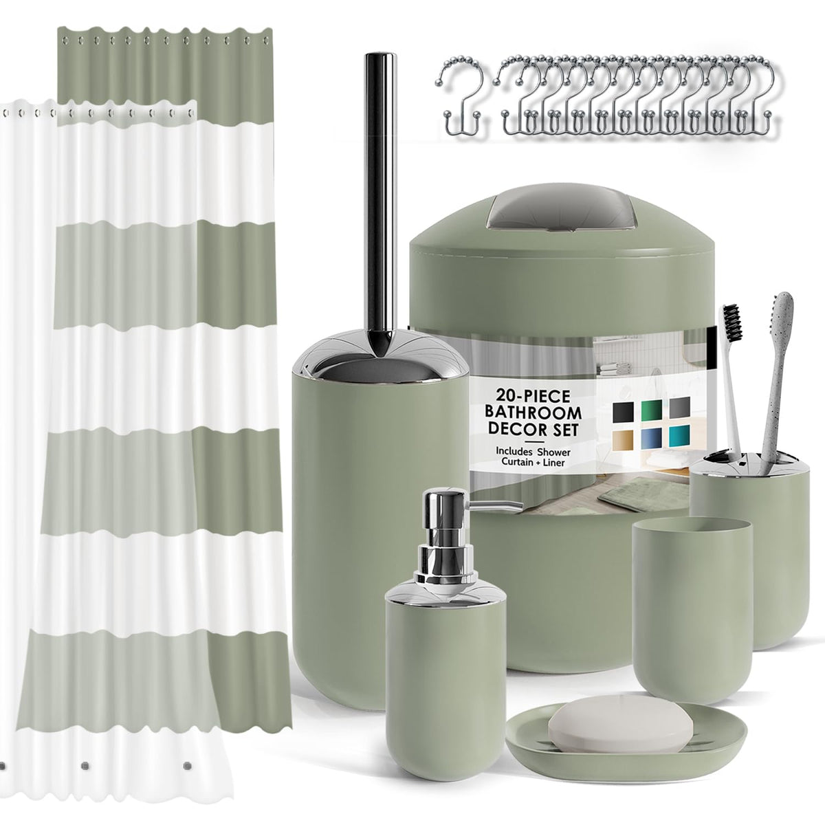 CLARA CLARK - Juego de Accesorios de baño, Juego de Cortina de Ducha, dispensador de jabón, Cepillo para Polvo de Inodoro y Bote de Basura (Gris, Juego Completo + Alfombras de baño) - Juego completo - Verde salvia