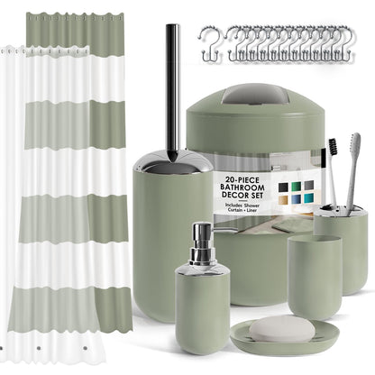 CLARA CLARK - Juego de Accesorios de baño, Juego de Cortina de Ducha, dispensador de jabón, Cepillo para Polvo de Inodoro y Bote de Basura (Gris, Juego Completo + Alfombras de baño) - Juego completo - Verde salvia