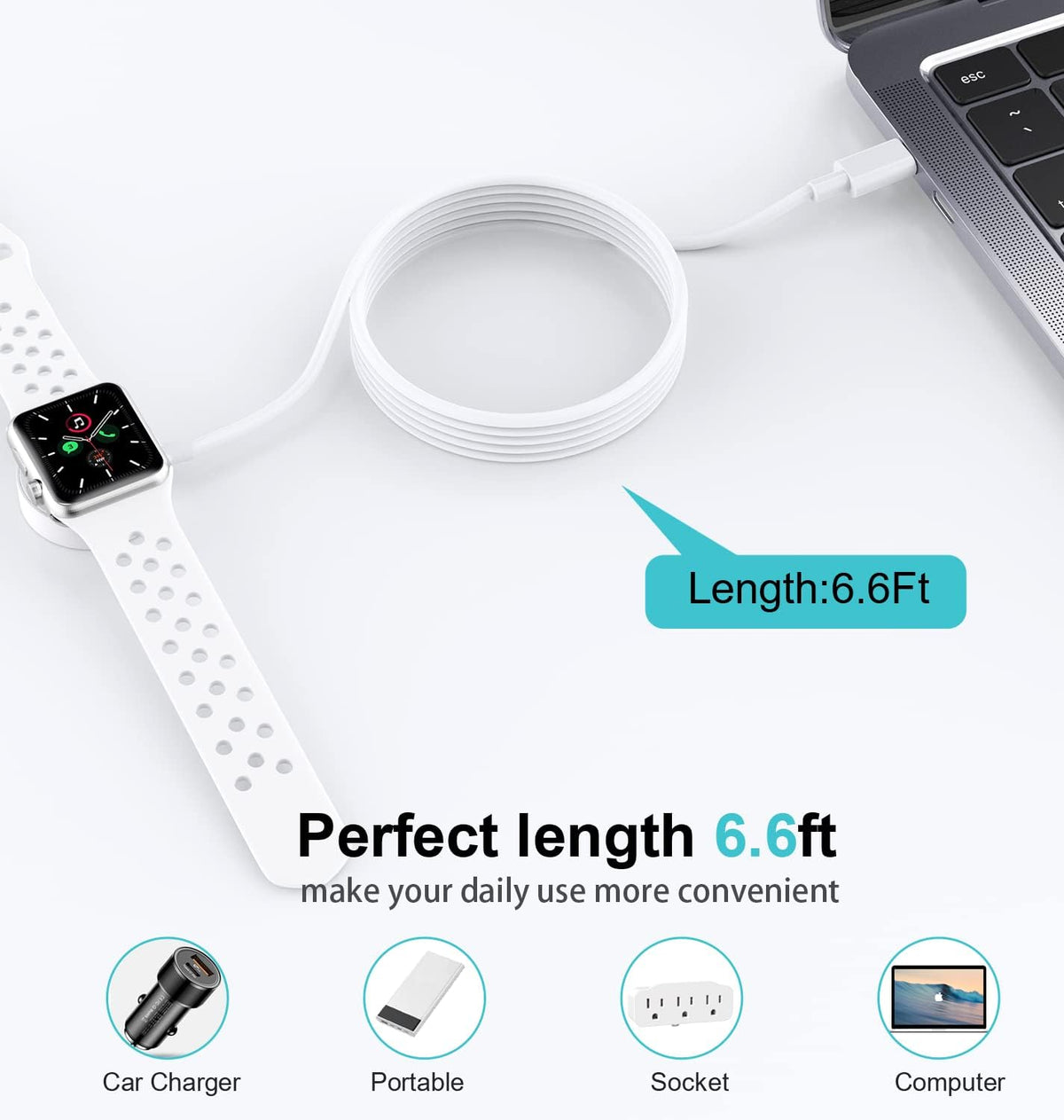 NEVOLA Cable USB-C para Cargador de Apple Watch de 6.6 pies, para iWatch Cargador magnético rápido inalámbrico Compatible con Apple Watch Series 7/6/5/4/3/2/1/SE