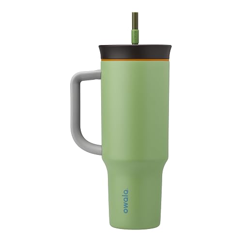 Owala - Vaso de viaje de acero inoxidable de triple capa con tapa resistente a derrames, popote y asa de transporte, sin BPA, 40 onzas, verde (Brave Adventures)