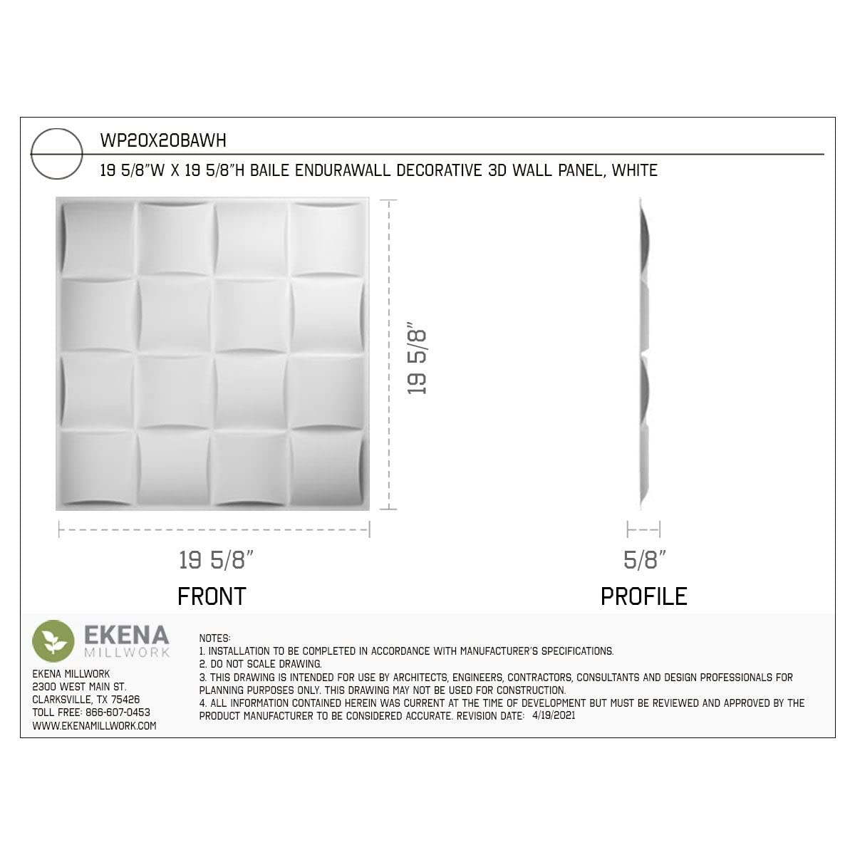 Ekena Millwork WP20X20BAWH 19 5/8 pulgadas de ancho x 19 5/8 pulgadas de alto Baile EnduraWall - Cubiertas decorativas 3D para paneles de pared 2.67 pies cuadrados