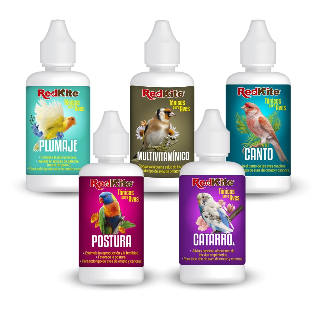 Redkite Tónicos 5 Pack Surtido Canto, Plumaje, Postura, Catarro y Multivitamínico para Aves