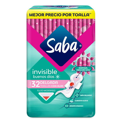 Saba Saba Invisible Buenos Días, Toallas Femeninas Delgadas Con Alas, Flujo Moderado, 32 Piezas, color, Grande, pack of/paquete de + Buenas Noches Con Alas; Toallas Femeninas Nocturnas Xl,