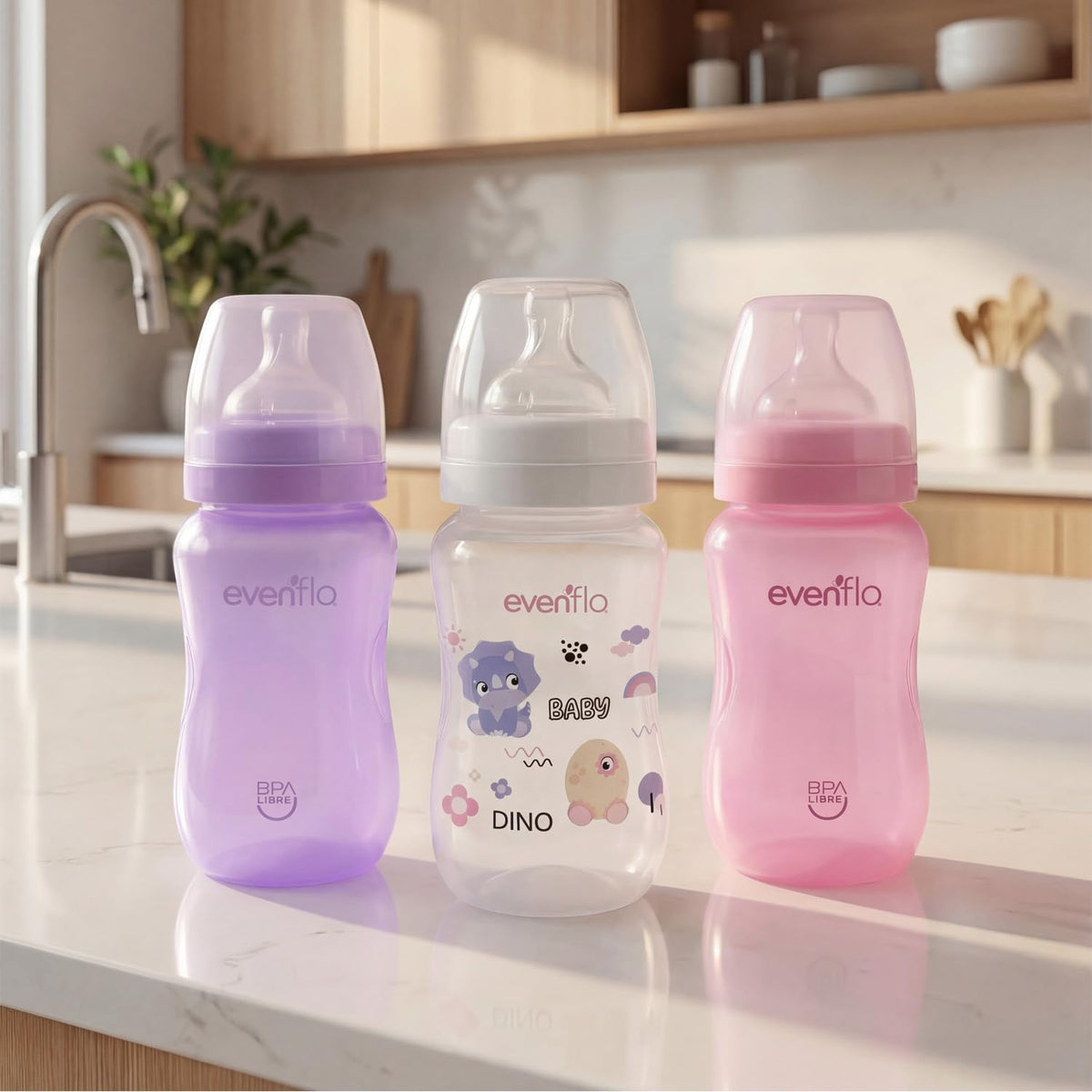 Evenflo Biberón Anticólicos de Dinosaurio para Niña, Cuello Ancho, 270ml/9oz, Rosa, Morado y Transparente, Flujo Medio, con Ventilación, 3 Piezas, para Bebés de 3 Meses en Adelante