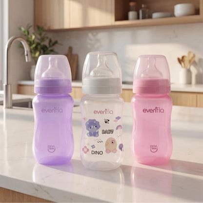 Evenflo Biberón Anticólicos de Dinosaurio para Niña, Cuello Ancho, 270ml/9oz, Rosa, Morado y Transparente, Flujo Medio, con Ventilación, 3 Piezas, para Bebés de 3 Meses en Adelante