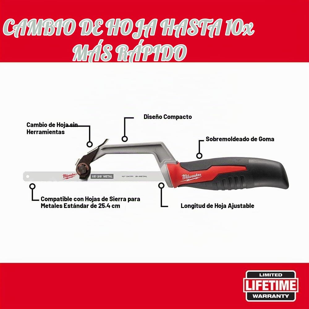 Milwaukee 48-22-0012 Sierra compacta operada a mano con cambio de hoja sin herramientas (hoja de 10 pulgadas incluida)
