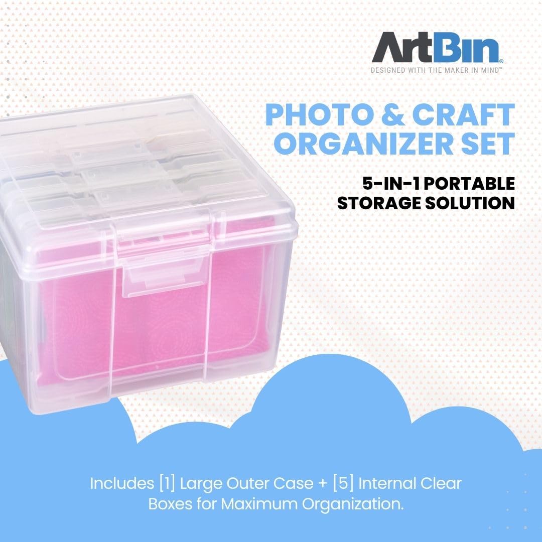 ArtBin 6947ZZ - Juego de organizador de fotos y manualidades, caja grande con 5 cajas de almacenamiento de plástico en el interior, color transparente
