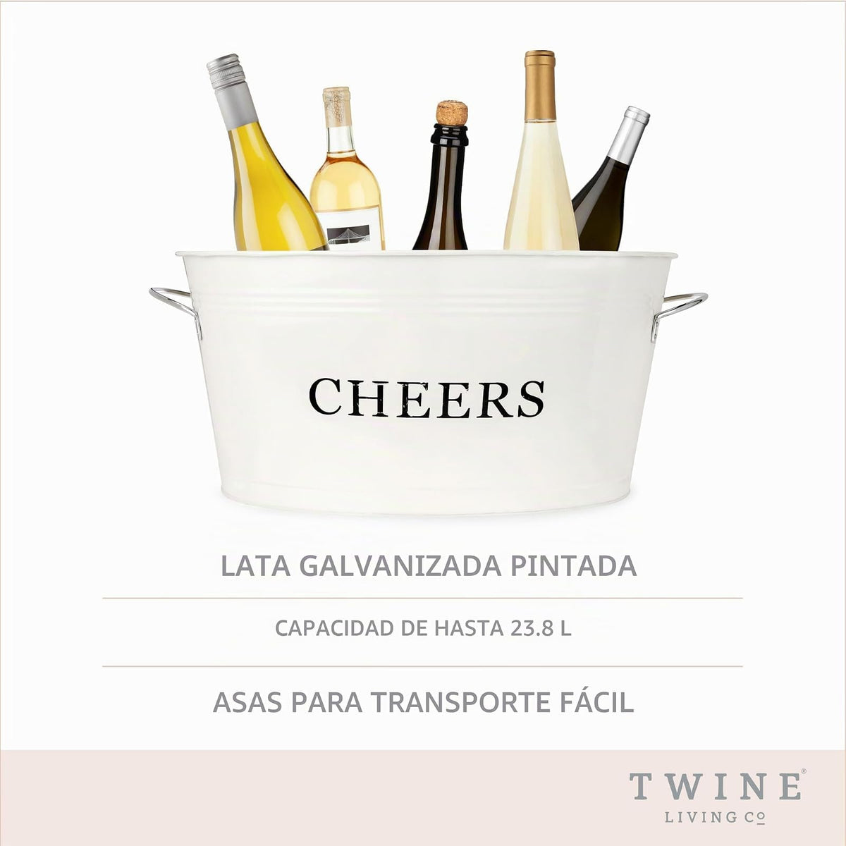Twine cubeta de hielo rústico y tina de bebidas galvanizada para fiestas, 6.3 galones, color crema