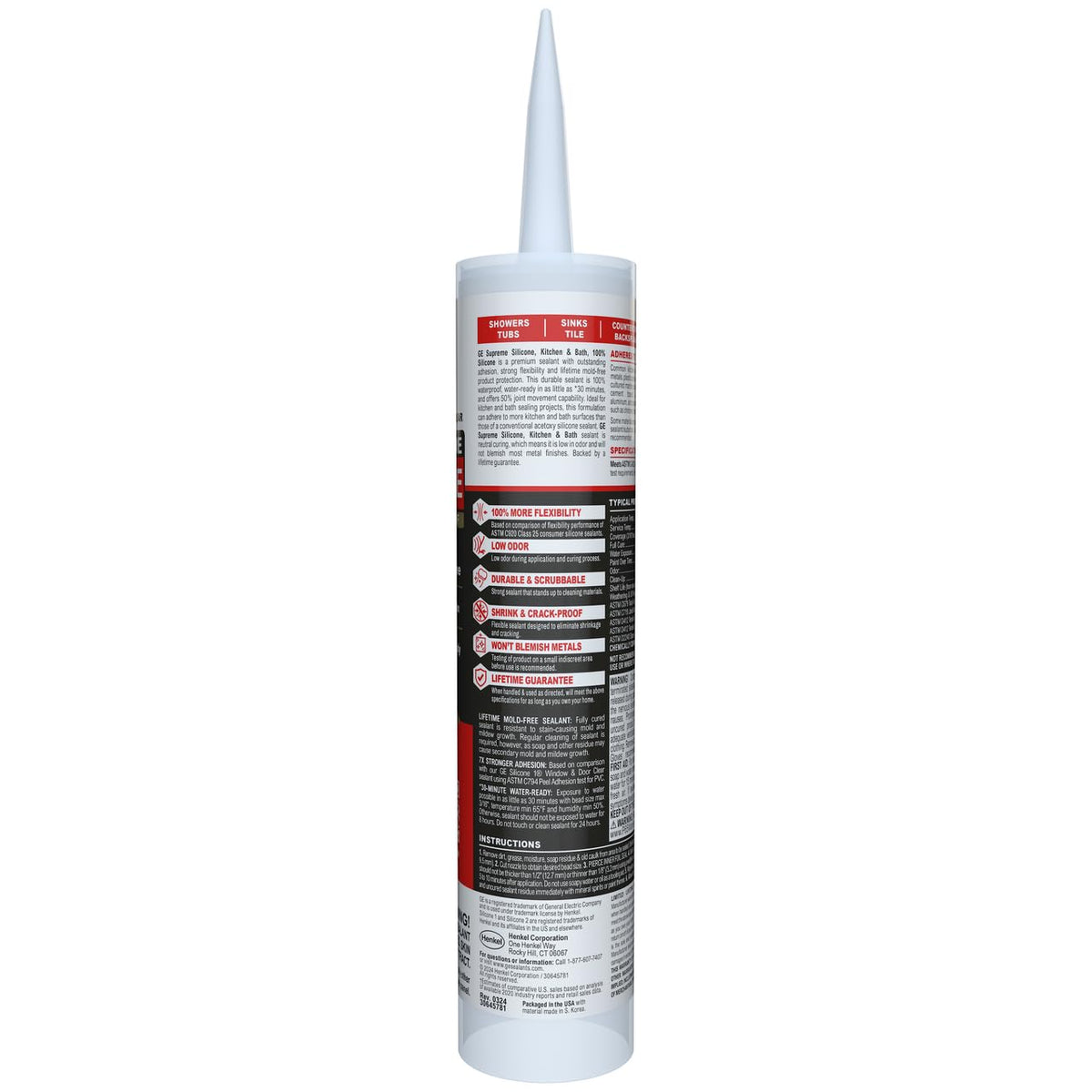 GE Supreme - Calafateo de silicona para cocina y baño, transparente, cartucho de 10 fl oz, 1 paquete - Sellador de silicona 100% impermeable, 7 veces más fuerte, a prueba de encogimiento y grietas