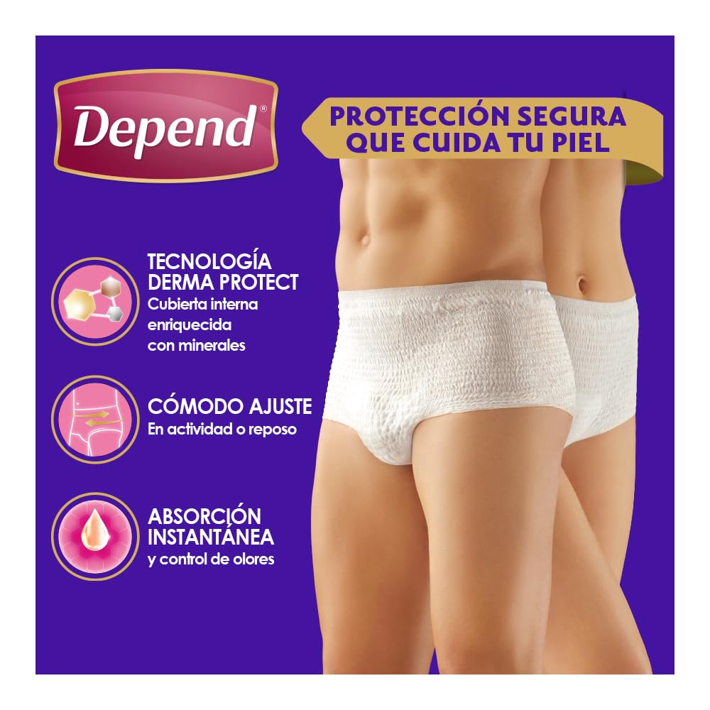 Depend Ropa Interior Nocturno Desechable para Incontinencia, Talla G-XG Unisex, Caja con 6 Paquetes de 10 Piezas (60 Piezas), con Tecnología Derma Protect, Protección segura que cuida tu piel.