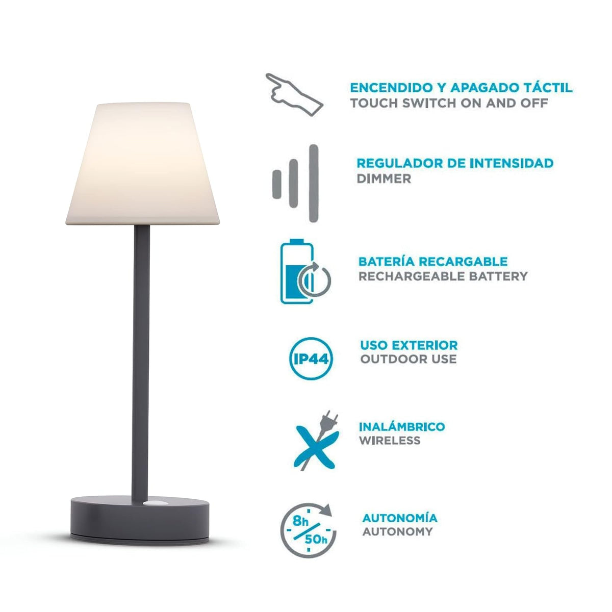 Lámpara de mesa sin cables LOLA SLIM 30 cm, portátil y recargable. Color Antracita. Uso Interior y Exterior. Marca: New Garden. 160 lúmenes. Luz Cálida