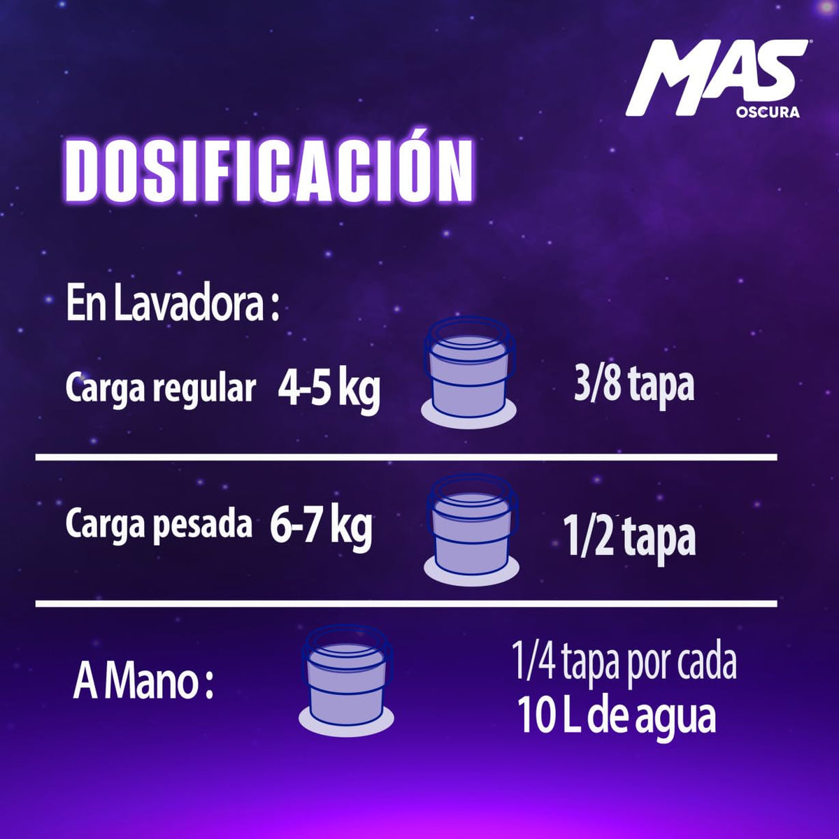 MAS - Oscura Detergente Líquido, 6.64L; Colores Oscuros Intensos con Efecto Suavizante (88 Cargas) para Ropa de Color Oscura y de Mexclilla. Cuida el Color y Conserva la Suavidad