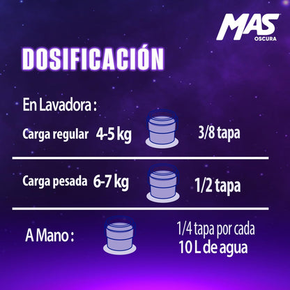 MAS - Oscura Detergente Líquido, 6.64L; Colores Oscuros Intensos con Efecto Suavizante (88 Cargas) para Ropa de Color Oscura y de Mexclilla. Cuida el Color y Conserva la Suavidad