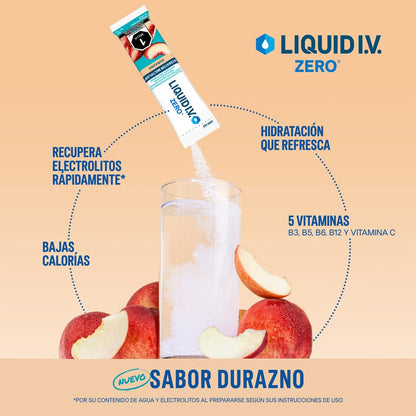 LIQUID I.V. Zero Electrolitos y Vitaminas en Polvo para preparar Bebida Hidratante sabor Durazno, 8 Sobres